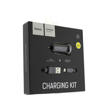Auto punjac HOCO Z1 dual USB+iPhone Lightning kabal crni