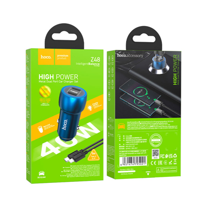 Auto punjac Hoco Z48 Tough 40W dual port(2C) set (C to iP) plava