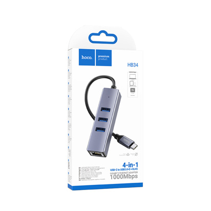 USB hub Hoco HB34 Easy link Type-C Gigabit network adapter(Type-C to USB3.0*3+RJ45) sivi