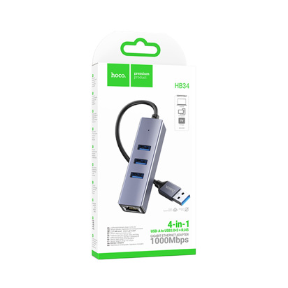 USB hub Hoco HB34 Easy link USB Gigabit Ethernet adapter(USB to USB3.0*3+RJ45) sivi